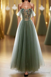 A-Line Green Tulle Long Semi Formal Prom Dress, Off the Shoulder Evening Party Dress